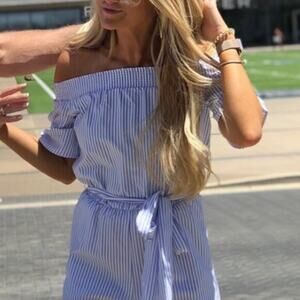 Chandler Henry romper blue & white striped off the shoulder small